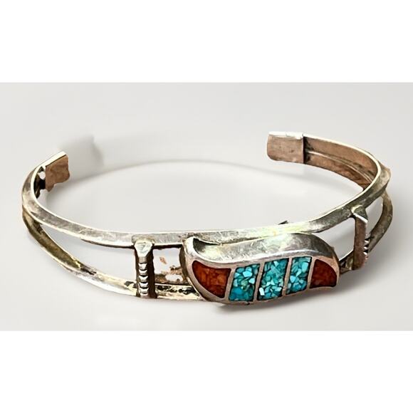 VTG Sterling Silver Turquoise Coral Chip Inlay Cuff Bracelet Navajo Style 19.9g - Picture 5 of 16